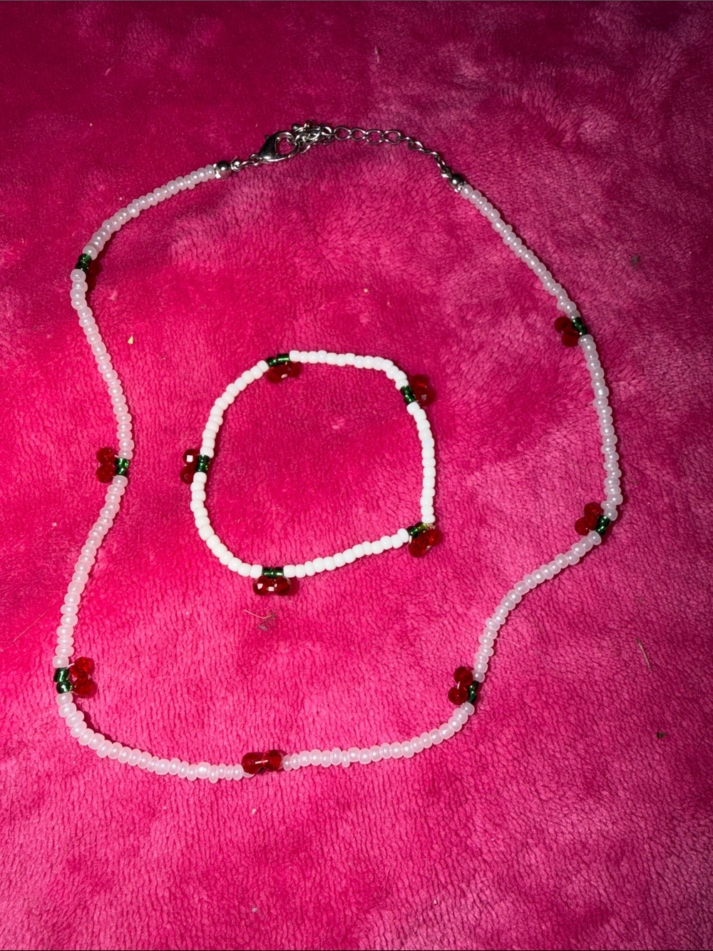 White Beaded Necklace and Bracelet Set with Red Accents